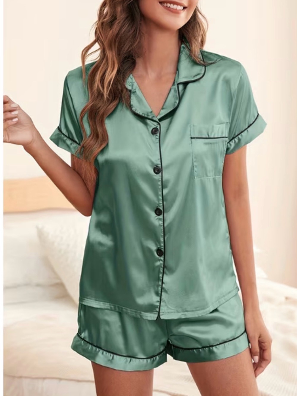 Silky Green Short Sleeve Pajama Set - Women's Intimatese XS